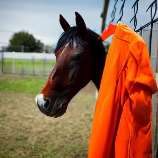 Image similar to horse with orange inmate clothes, in a jail