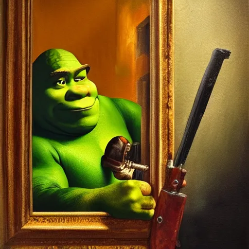 Image similar to hyper realistic oil painting of shrek holding a weapon in the back rooms