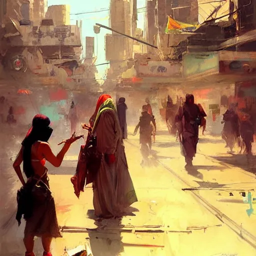 Image similar to greg manchess painting of baghdad in the year 2 0 7 7, painting, cyberpunk style, trending on artstation, by huang guangjian and gil elvgren and sachin teng