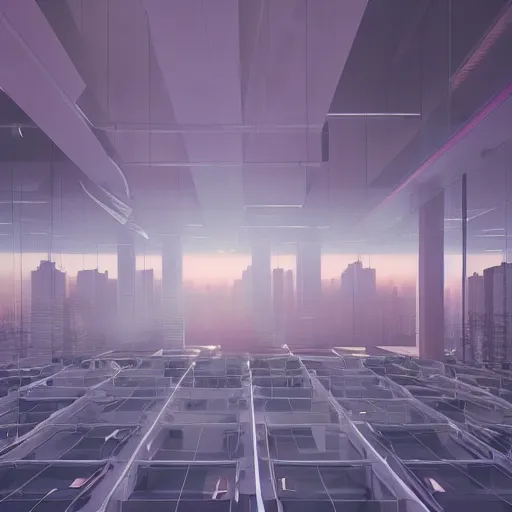 Image similar to sprawling office floor with cubicles,, in faded pink, morning fog, blue hour, archviz, cgi, trending on artstation, corona renderer, unreal engine, ray tracing, 3 ds max, cinematic, city in the background