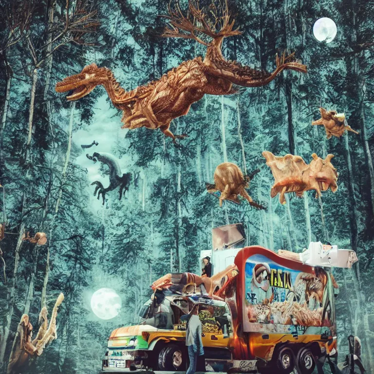 Image similar to photo, hyper detailed, neanderthal people, first contact with aliens!, eating sushi, surrounded by dinosaurs!, gigantic forest trees, sitting on rocks, bright moon, ice! cream! truck!