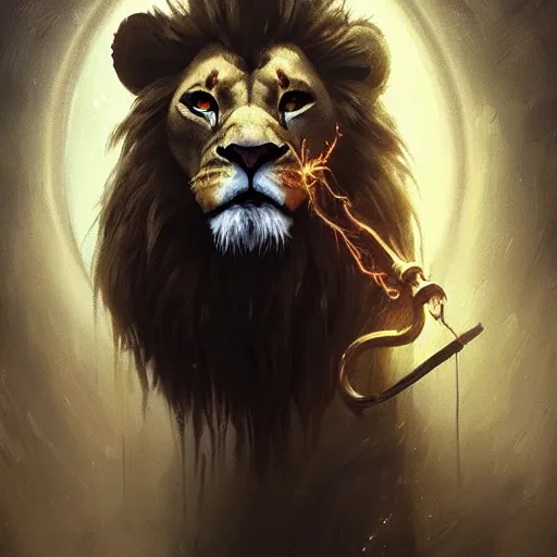 Prompt: an anthropomorphic half lion half human holding a wand,wizard,fantasy art,digital art,art by greg rutkowski,realiatic,photorealistic,hyperdetailed,detailed face,professional lighting,mysterious,cinematic