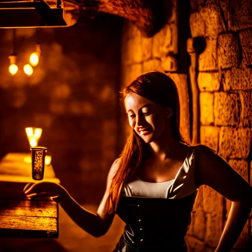 Image similar to young attractive beautiful bar maid in a medieval tavern at night, cinematic, filmic, studio lighting
