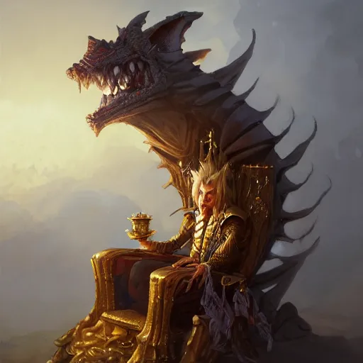 Prompt: a detailed portrait of a fare goblin king sitting on a golden throne, by justin gerard and greg rutkowski, digital art, realistic painting, dnd, character design, trending on artstation