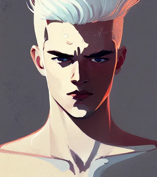 Image similar to portrait of a young man, raised on the island, white hair, face tatooes by atey ghailan, by greg rutkowski, by greg tocchini, by james gilleard, by joe fenton, by kaethe butcher, dynamic lighting, gradient light blue, brown, blonde cream and white color scheme, grunge aesthetic