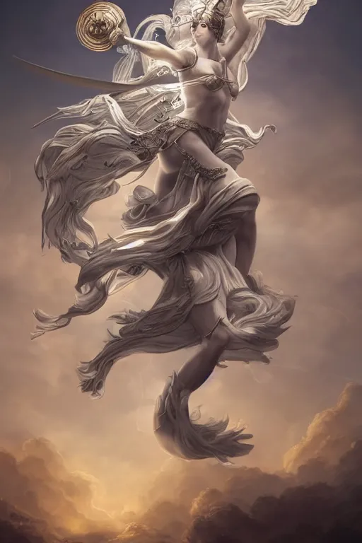 Image similar to goddess athena dancing in the wind, zodiac knight, beautiful, ethereal, gorgeous, volumetric lighting, elegant, fluid, highly detailed, digital painting, concept art, highly detailed, smooth, illustration, limited color palette, atmosphere and tension, trending on artstation