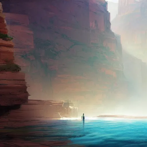 Image similar to concept art painting of a grand canyon filled with water, realistic, detailed, cel shaded, in the style of makoto shinkai and greg rutkowski and james gurney