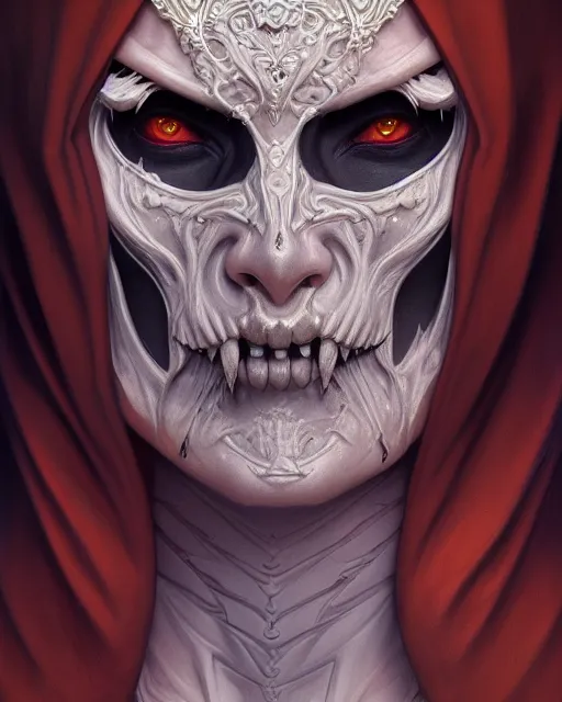 Image similar to portrait of a satanic grim reaper, detailed face, upper body, decorated, intricate, elegant, highly detailed, digital painting, artstation, concept art, smooth, sharp focus, illustration, art by artgerm and greg rutkowski and alphonse mucha, 8 k