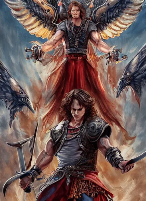 Image similar to high Fantasy Sam Winchester is a muscular armoured angel holding swords angei wings wide open, teared apart T-Shirt and jeans, red Sneakers, whole body tattooed with runes and satanic symbols, D&D!, fantasy style, sharp focus!, ultra detailed, art by Artgerm and Peter Andrew Jones, WLUP