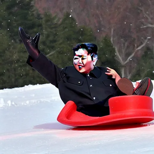 Prompt: kim jong - un sledding down a hill made out of poutine, shredded cheese falling from the sky,