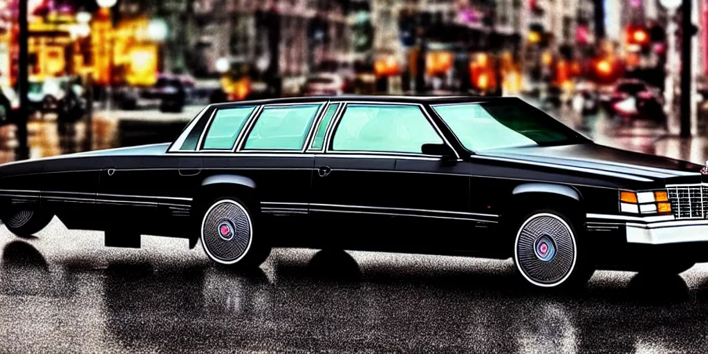 Image similar to hyper realistic, high detail real life photo of black 1 9 9 2 cadillac de ville, city streets wet, beautiful, dreary lighting