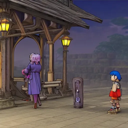 Prompt: a some people waiting in a lone bus stop in quiet dark city night in Dragon Quest XI, detailed