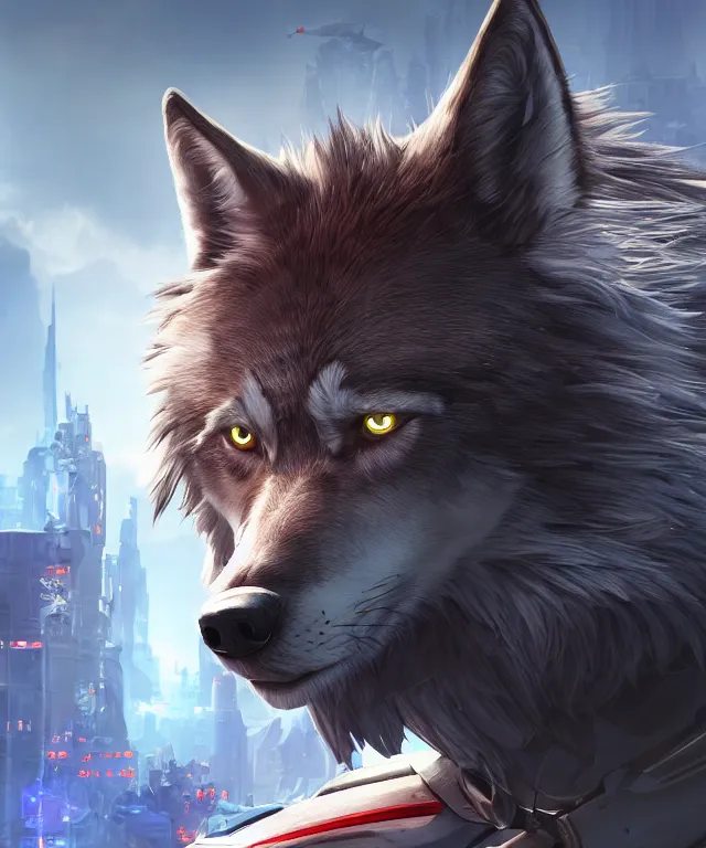 Image similar to portrait headshot of a male anthropomorphic dark gray wolf, long red hair, blue eyes, in a futuristic city, hyper detailed, digital art, trending in artstation, cinematic lighting, studio quality, smooth render, unreal engine 5 rendered, octane rendered, art style by pixar dreamworks warner bros disney riot games and overwatch.