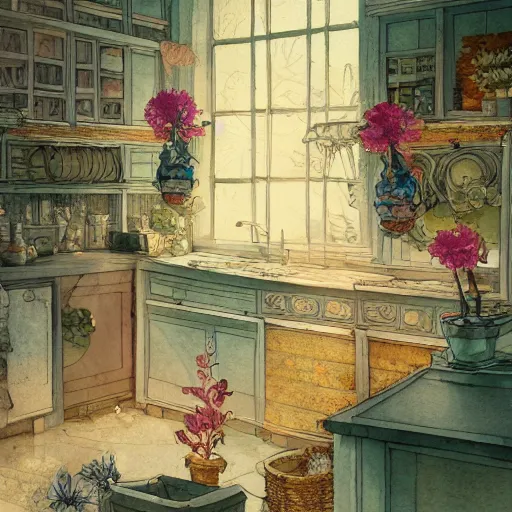 Image similar to a beautiful intricate watercolor illustration of a kitchen, flowers, leaves, 4 k, ultra - wide angle, by william turner, by victo ngai, by moebius, by gustave dore, hd, trending on artstation, hyper detailed, muted intense colors