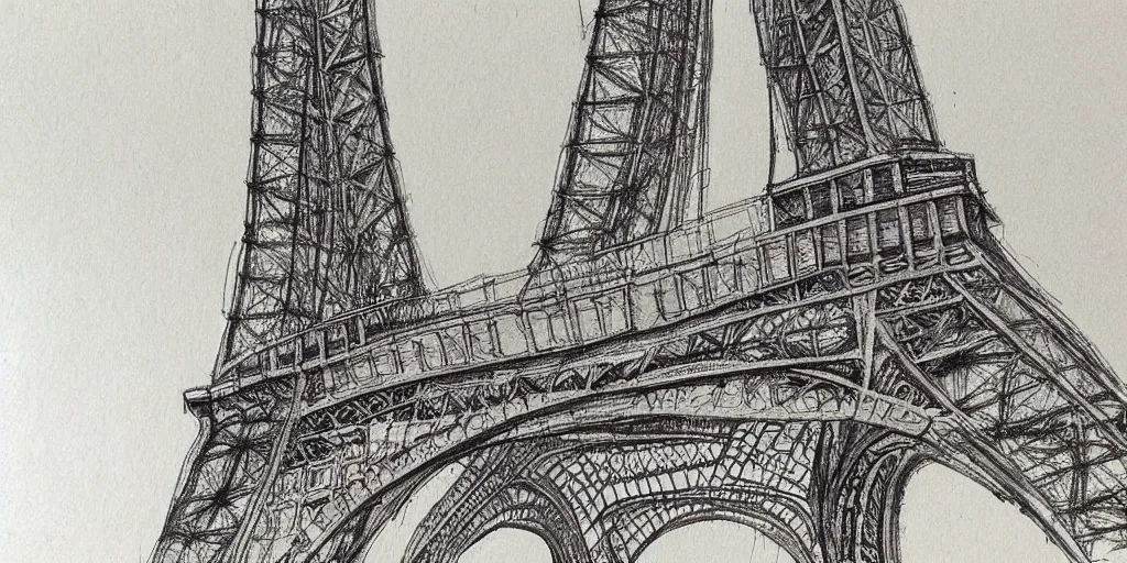 Prompt: architectural design studies of Eiffel Tower, different closeup view, drawn by Leonardo da vinci, ink and pen draw, artistic, intricated