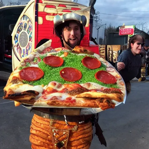 Image similar to adventurer with armor made of pizza,