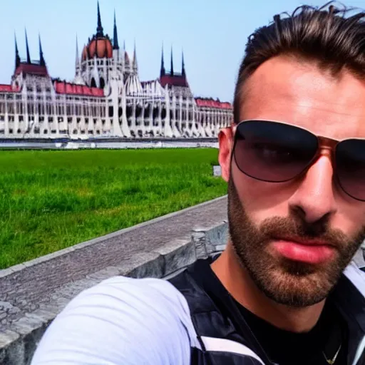 Image similar to Gigachad taking a selfie with the hungarian Parliament, 4k, selfie,