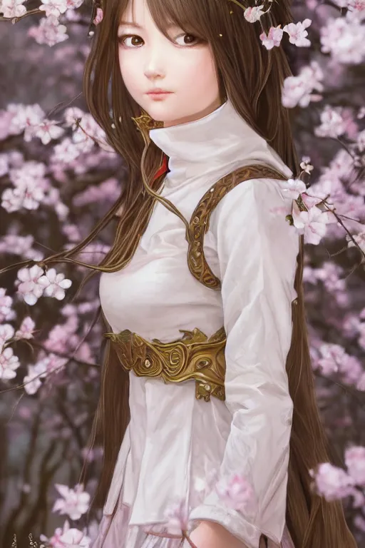 Image similar to Anthro Portrait of japanese white tailed deer girl, D&D, dark fantasy, anthro portrait, sakura blooming on background, intricate, elegant, deer portrait, highly detailed, digital painting, artstation, concept art, smooth, sharp focus, maybe some llama, illustration, art by artgerm and greg rutkowski and alphonse mucha, daily deviation, masterpiece