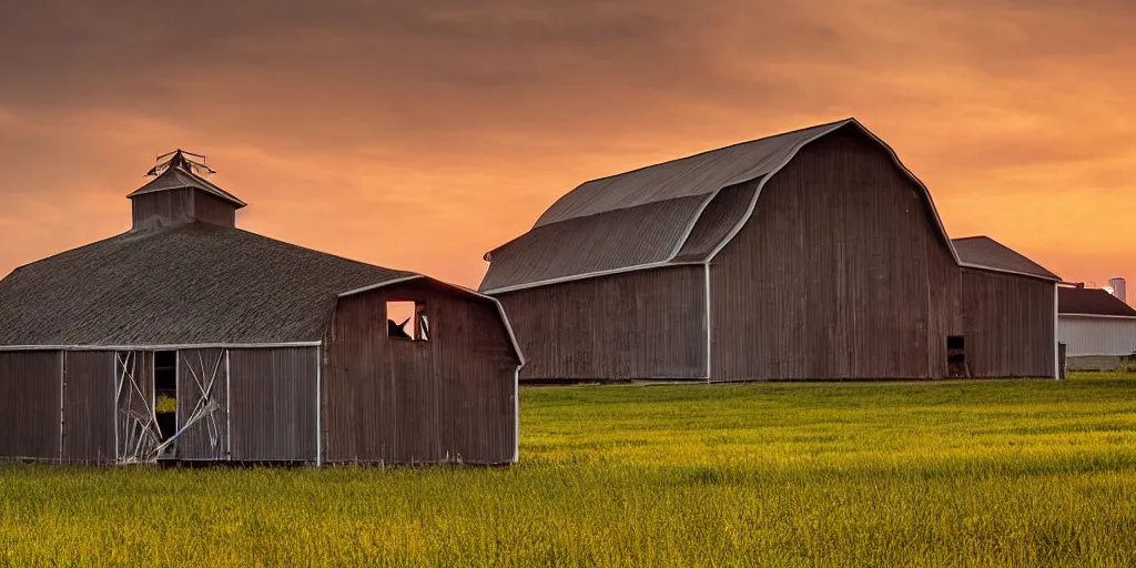 Image similar to an amish barn raising in the middle of futuristic megalopolis, golden hour, surrealistic