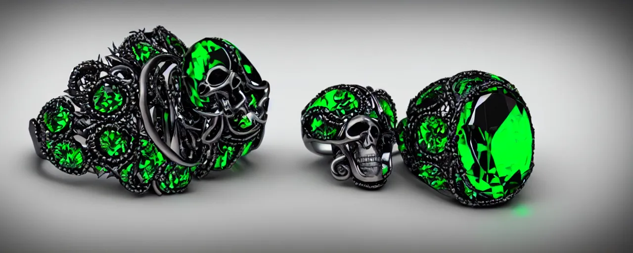 Image similar to simple magic crystal ring of poison, radiant cut, skull, skulls, tentacles, green, black, purple. smooth shank, crystal, engravings, diamonds, product design, jewelry, gold, silver, colorful, art by gerald brom, greg rutkowski and artgerm, photo realism, unreal engine, c 4 d