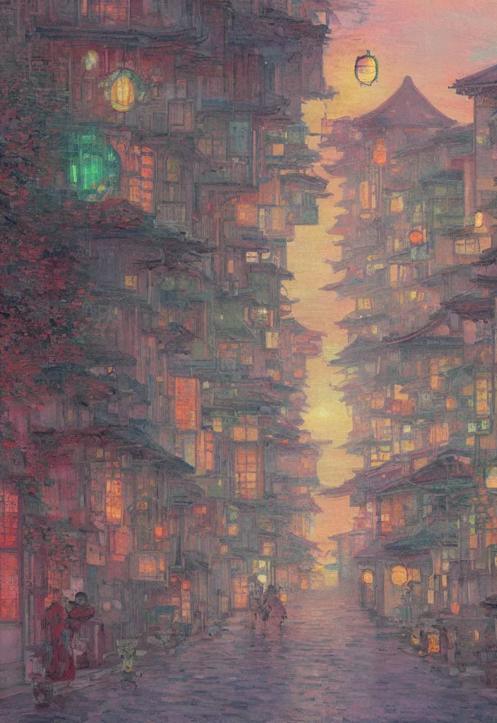 Image similar to a beautiful japanese city near the sea, amazing ryokans and gorgeous edo era houses, epic cyberpunk, lofi vibe, colorful, vivide colors, amazing light, really beautiful nature, oil painting in impressionist style, by jeremy lipkin, by claude monet, by makoto shinkai, multiple brush strokes, inspired by ghibli, masterpiece, beautiful