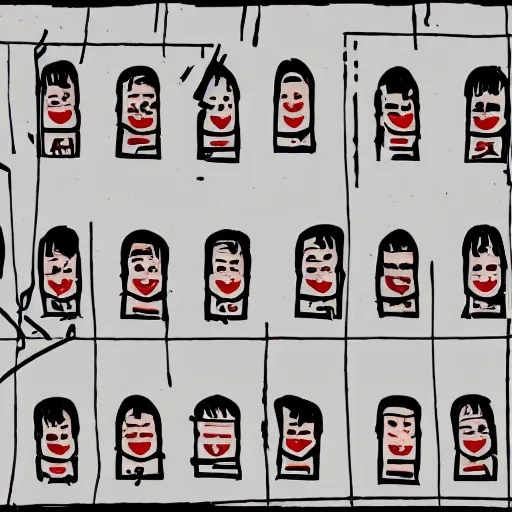 Image similar to a chinese prison, in the style of daniel johnston and outsider art, 8 k, line brush, minimal, brightly coloured, flat, stark, overlaid with chinese adverts