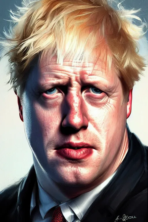 Image similar to Boris Johnson as Terminator, Boris Johnson hairstyle, full body realistic portrait, highly detailed, digital painting, artstation, concept art, smooth, sharp focus, illustration, cinematic lighting, art by artgerm and greg rutkowski and alphonse mucha