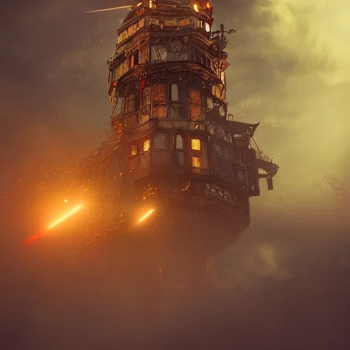 Image similar to a flying steampunk fortress, intricate, behrens style, octane render, fantasy digital art, beautiful composition, trending on artstation, night, meteors, lightning!!!, lightning, lightning, dramatic lighting, red glow, eldritch