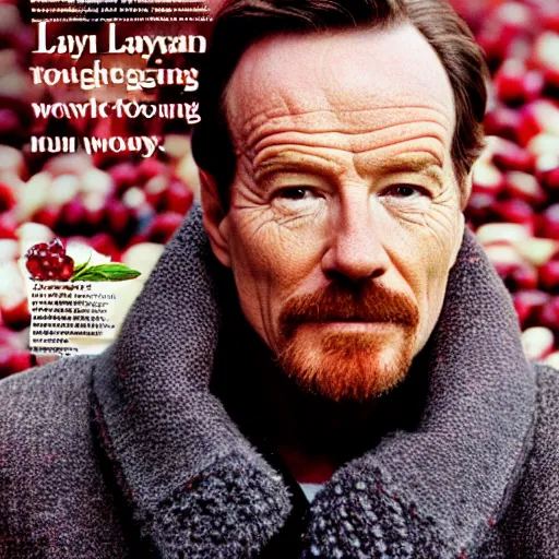 Image similar to tiny bryan cranston's body is a bowl of cranberries, head emerging from cranberries, submerged in cranberries, natural light, sharp, detailed face, magazine, press, photo, steve mccurry, david lazar, canon, nikon, focus