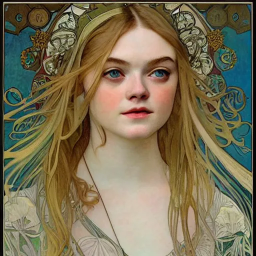 Image similar to professional painting of Elle Fanning in the style of Alphonse Mucha, head and shoulders portrait, symmetrical facial features, smooth, sharp focus, illustration, intricate, stormy weather, extremely detailed masterpiece,