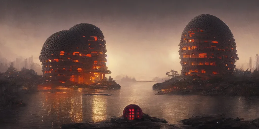 Image similar to An epic architectural rendering of a blob shaped trypophobia house with a mysterious red glow emitting from inside in a modern cityscape next to a river, by Greg Rutkowski and Martin Johnson Heade, tunning, gorgeous, golden ratio, photorealistic, featured on artstation, 4k resolution