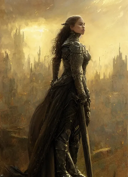 Prompt: young beautiful mischievous rredhead emilia clarke full body wearing black medieval armour, detailed, by gaston bussiere, bayard wu, greg rutkowski, giger, maxim verehin, greg rutkowski, masterpiece, sharp focus, cinematic lightning