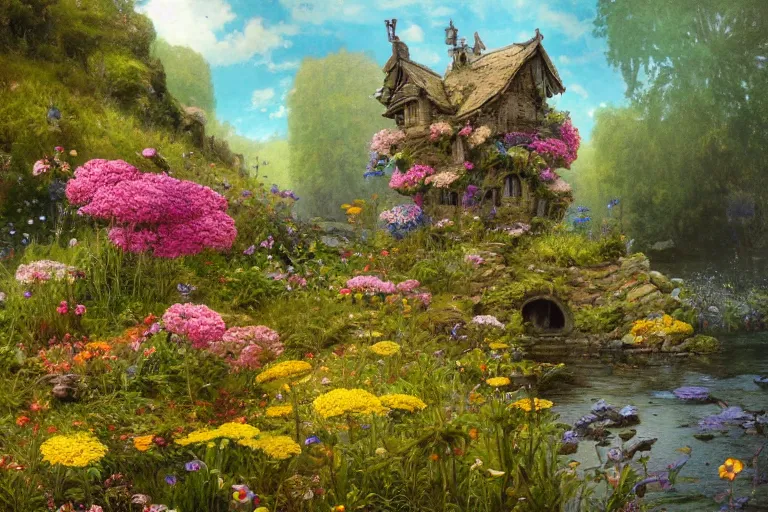 Image similar to wide angle view, a beautiful digital painting of a fairy rock house in a river, flowers, beautiful tranquil day, vivid colors, by greg rutkowski, brian froud, peter mohry, jean - baptiste monge, and alphonse mucha, symmetry, complementary colors, ink illustration, trending on artstation