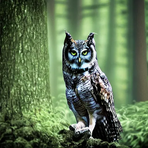 Image similar to mixture between an! owl and wolf, photograph captured in a dark forest