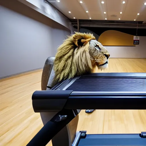 Prompt: a lion running on a treadmill