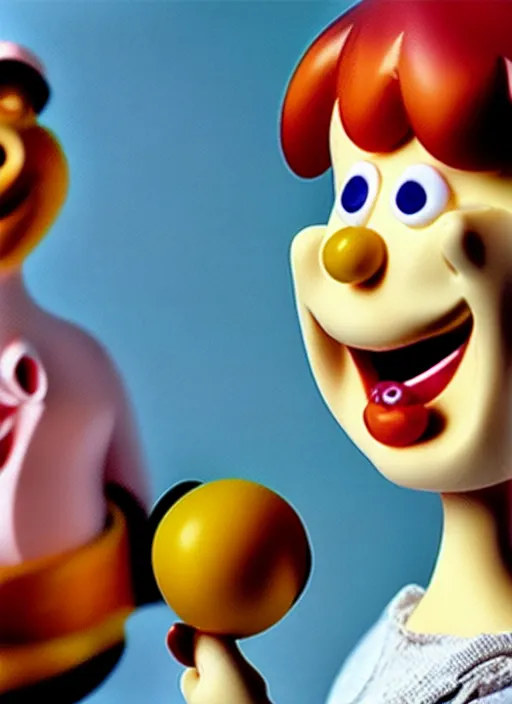 Prompt: a lifelike oil painting of an anime girl figurine caricature with a big dumb grin featured on wallace and gromit by arthur szyk made of madballs
