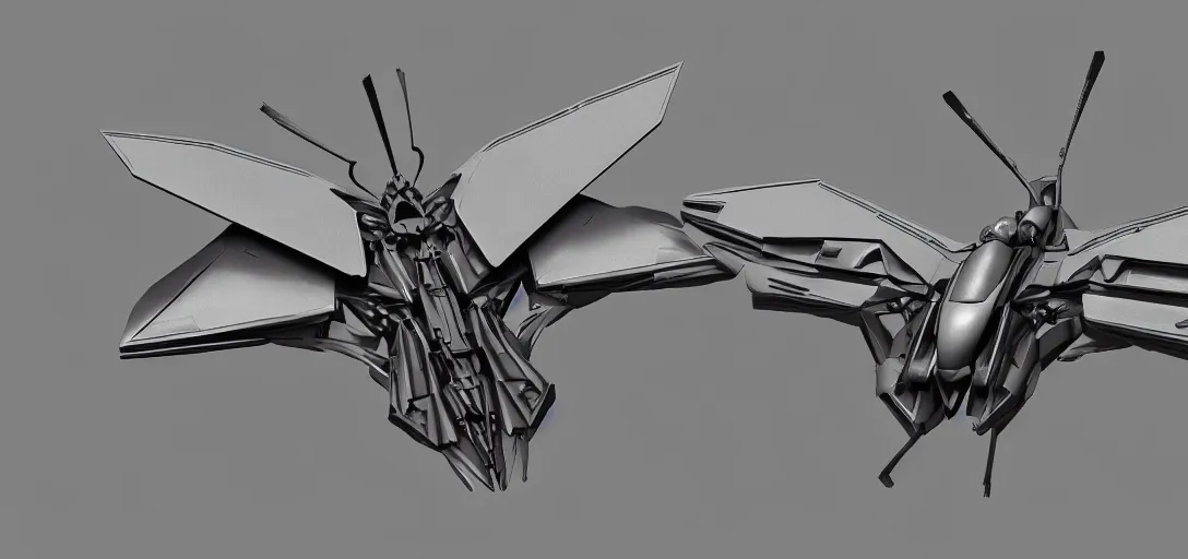 Prompt: mechanized moth with wings spread, gunmetal grey, very symmetrical, orthographic view, top down view, bottom view, side view, blueprints, mecha, lockheed martin f - 3 5 lightning ii, fighter jet, cybernetic, robotic, highly detailed, artstation, autodesk maya, super realistic, unreal engine