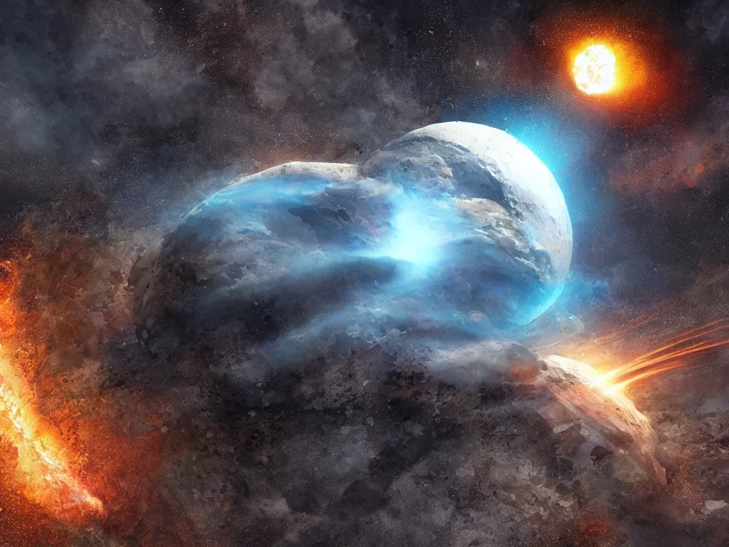 Image similar to a meteor that looks like the moon crashing into the earth, artstation