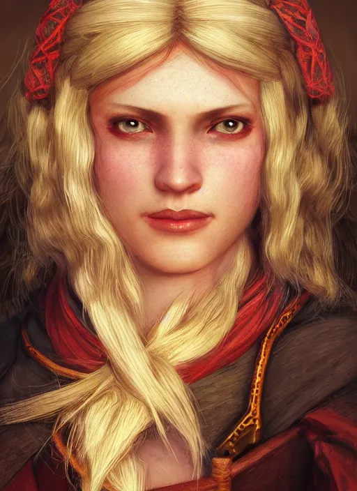 Image similar to blonde peasant woman, fantasy, medieval, vivid colors, fantasy, elegant, concept art, sharp focus, beautiful face!!, digital art, hyper - realistic, 4 k, unreal engine, highly detailed, hd, dramatic lighting by brom, trending on artstation