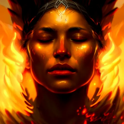 Image similar to a beautiful portrait of a fire goddess with closed eyes by Greg Rutkowski and Raymond Swanland, Trending on Artstation, Flaming Background, ultra realistic digital art