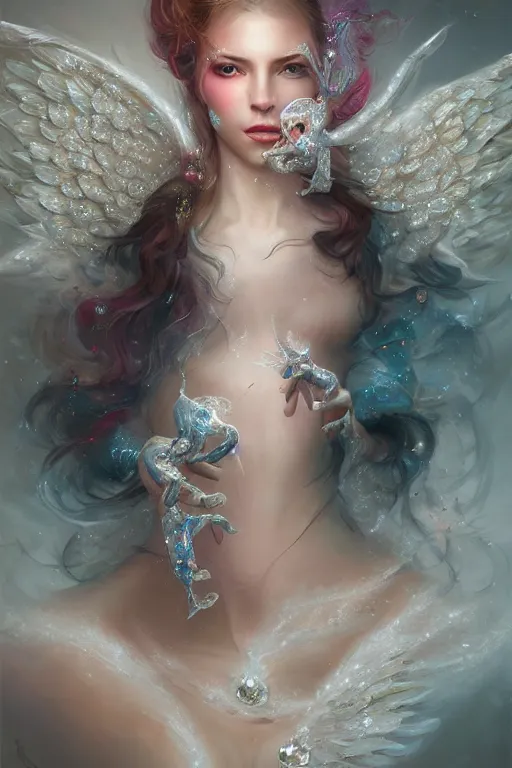 Image similar to beautiful princess floating on water with face covered with diamonds wearing frost velvet, diamonds, angel, fantasy, dramatic lighting, highly detailed, digital painting, magic the gathering, hyper detailed, 3 d render, hyper realistic detailed portrait, peter mohrbacher, wlop, ruan jia