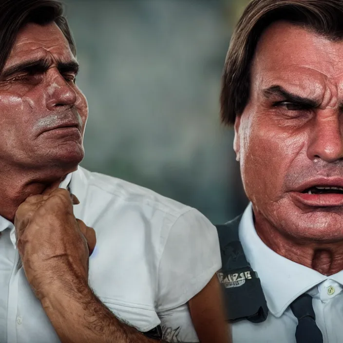 Image similar to photo of Jair Bolsonaro crying looking to PT flag , hyper realism, high detail, octane render, 8k, chrome accents