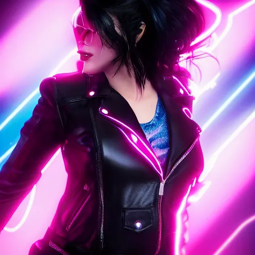 Prompt: a photo of 8k ultra realistic a black haired female in high heels and a black leather jacket performing in front of a crowd, pink and blue neon, face enhance, cinematic lighting, trending on artstation, 4k, hyperrealistic, focused, extreme details, unreal engine 5, cinematic, masterpiece