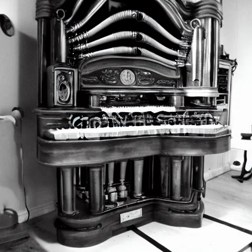 Image similar to steampunk organ, black and white film,