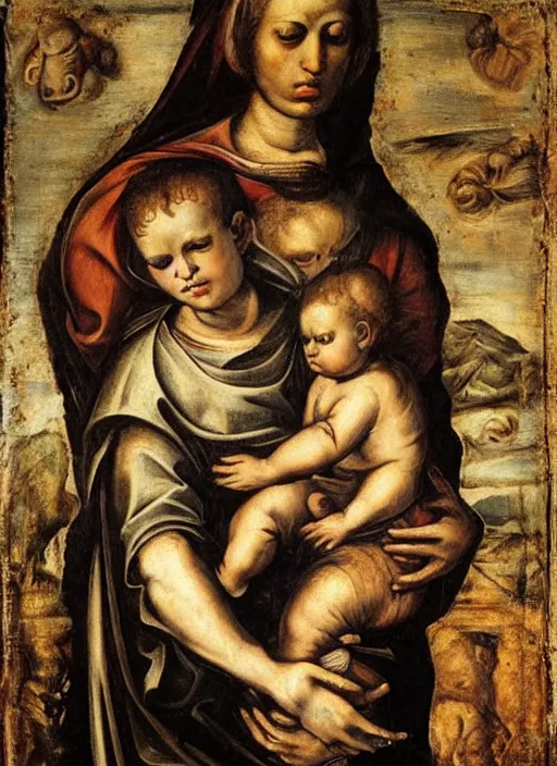 Prompt: the machina madonna and child. transhumanism. a masterpiece by tintoretto.