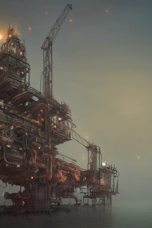 Image similar to a highly detailed matte painting of a soviet steampunk oil rig in fog at night by studio ghibli, makoto shinkai, by artgerm, by wlop, by greg rutkowski, volumetric lighting, octane render, 4 k resolution, trending on artstation, masterpiece