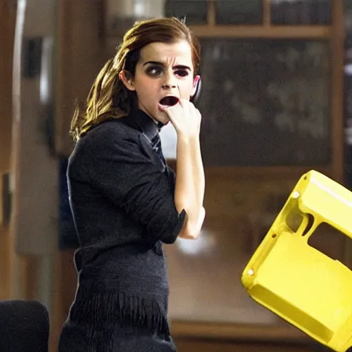 Image similar to emma watson angrily smashing a computer. photo.