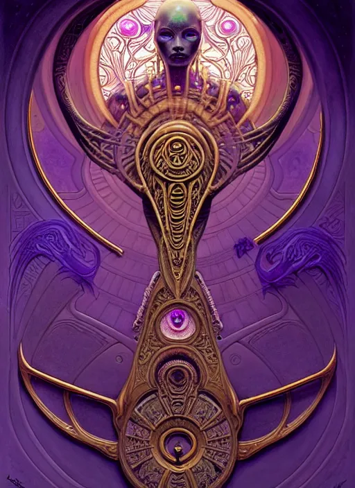 Prompt: ornate alien sacred sarcophagus, art nouveau hieroglyphics, lavender and gold palette, symmetry, fantasy, intricate, elegant, highly detailed, colorful, dark colors, dramatic shadow, digital painting, artstation, concept art, art by artgerm and greg rutkowski and ruan jia, h. r. giger