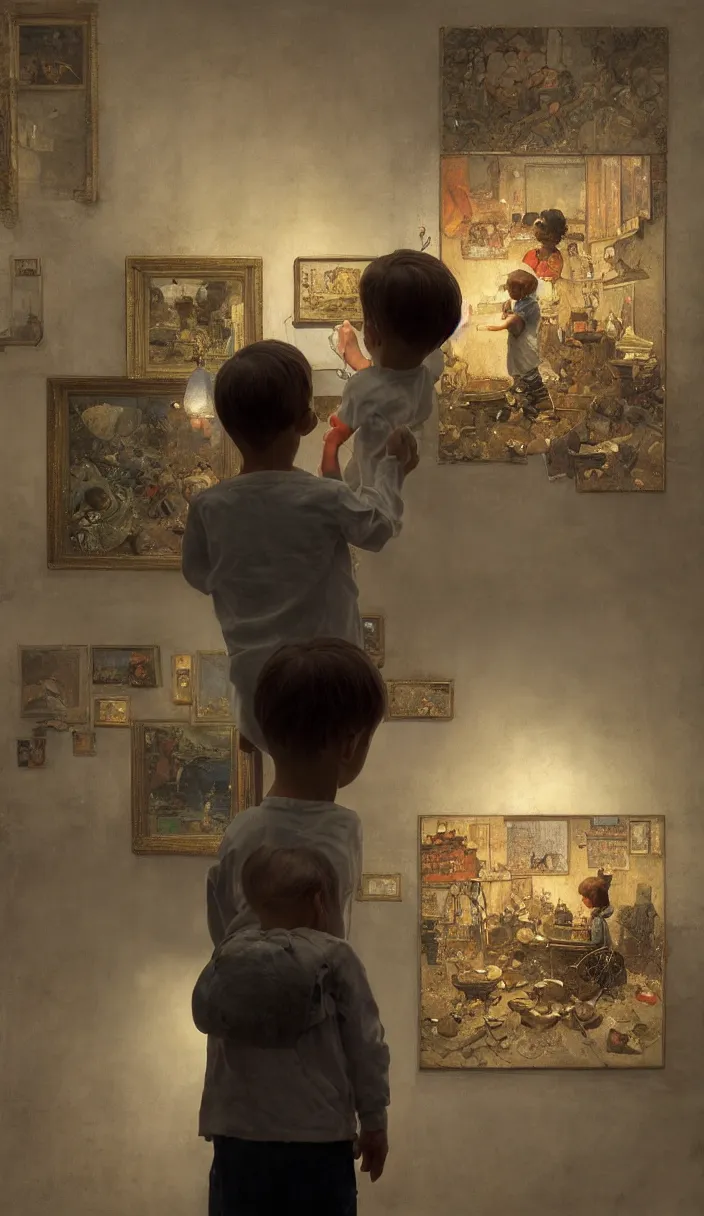 Image similar to a kid with a lantern in a museum looking at a painting showing the same scene where he is, part by Norman Rockwell, part by Greg Rutkowski , part by Mattias Adolfsson, high angle, intricate, detailed, (((volumetric lighting))), oil on canvas