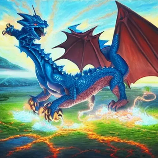 Image similar to pokemon fight a dragon. oil painting. large scale. highly detailed.